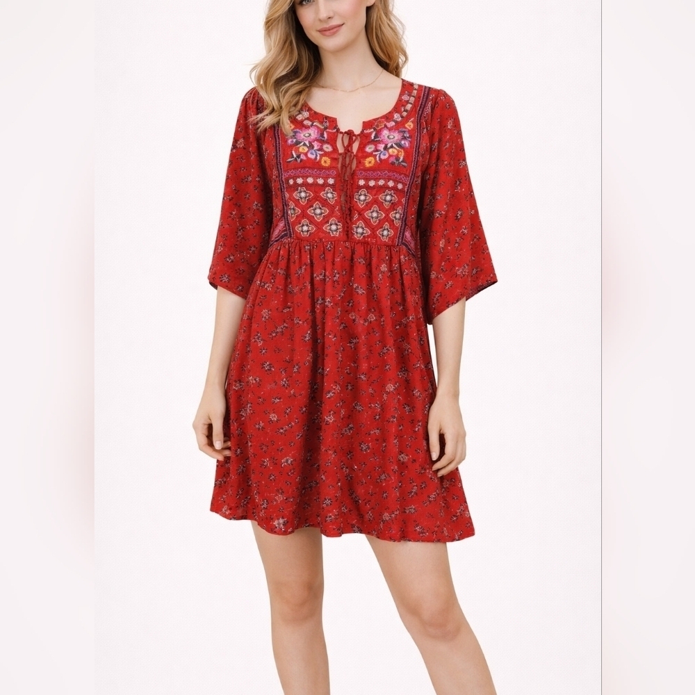 WONDERLY Red Ditsy Floral Mexican Embroidered Mini Trapeze Fiesta Dress
